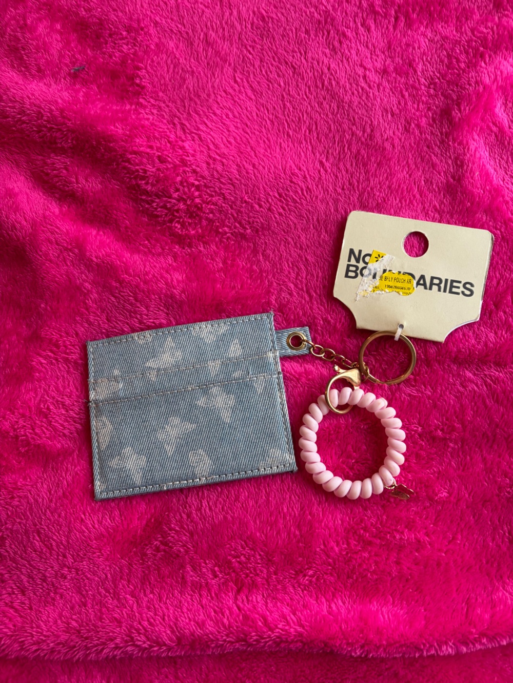 No Boundaries Pink Beaded Wristlet with Blue Denim Card Holder